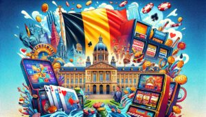 Belgian politics and online casino industry collage, featuring national symbols and casino elements.