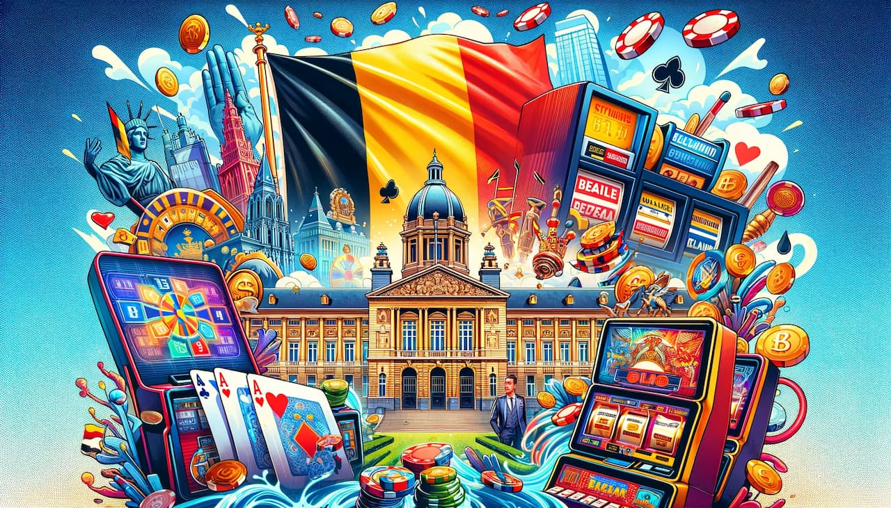 Belgian politics and online casino industry collage, featuring national symbols and casino elements.