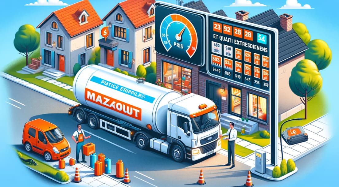 Camion de Mazout Bertrand livrant à un client dans un quartier, avec indication des prix et économies